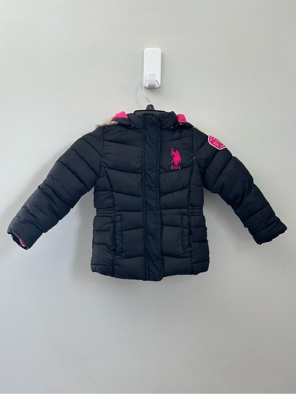 U.S. Polo Assn. Girls Black Puffer Winter Coat Pink Fleece Hood Size 5/6